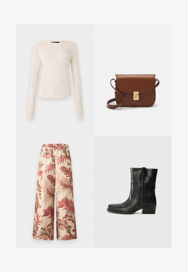 Langärmliges, hellbeiges Oberteil mit rundem Ausschnitt. Aus weichem Stoff gefertigt, verfügt es über eine zentrale Naht und einen leicht geschwungenen Saum. Keine sichtbaren Beschläge.; Weite Hosen aus einem hellbeigen Stoff, mit einem floralen Muster in Pink-, Rot- und Blautönen, und einem elastischen Bund.; Schwarze Leder-Ankle Boots mit runder Zehenform, Blockabsatz, seitlichem Reißverschluss und gestickten Akzenten auf dem Blatt. Glatte Textur, klassisches Design.; Braune Ledertasche mit Klappenverschluss, Beschlägen in Goldfarbe, einem Schultergurt und einer glatten Oberfläche. Kompakte rechteckige Form.