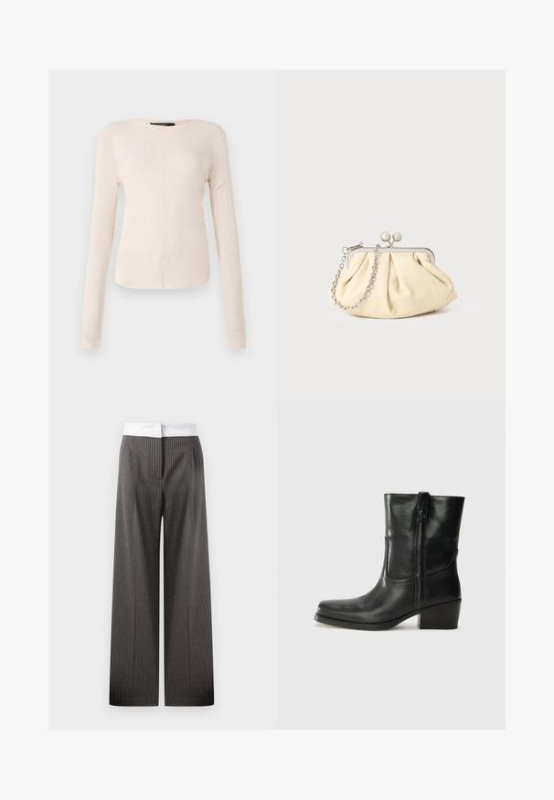 Hosszú ujjú, világos bézs blúz kerek nyakkivágással. Puha anyagból készült, középső varrással és enyhén ívelt szegéllyel rendelkezik. Nincs rajta látható fémrész.; Sötét szürke, széles lábú nadrág függőleges csíkos mintával. A derékpánt fehér és rugalmas, kontrasztos részletet adva.; Fekete bőr bokacsizma lekerekített orral, blokk sarkúval, oldalsó cipzárral és varrásos díszítéssel az elején. Simább textúra, klasszikus dizájn.; Pleátolt bézs bőr válltáska ezüst fém kerettel, két kerek díszcsattal és ezüst lánc pánttal.
