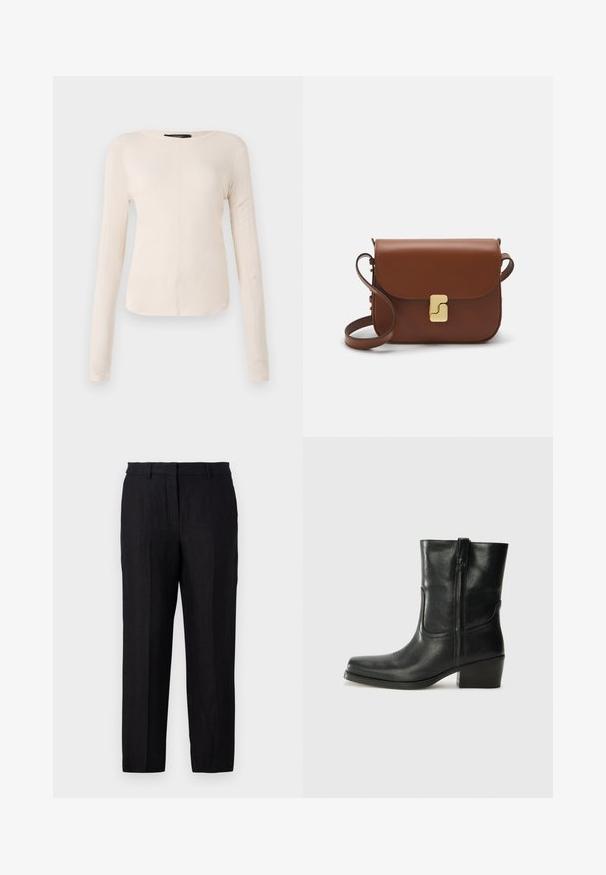 Dlhý rukáv, svetlo béžový top s okrúhlym výstrihom. Vyrobený z mäkkej látky, má stredový šev a mierne zakrivený spodný okraj. Bez viditeľného hardvéru.; Čierne ľanové nohavice so štandardným strihom, s cipsou, pútkami na opasok a prednými a zadnými vreckami. Hladká textúra a minimalistický dizajn.; Čierne kožené členkové topánky s okrúhlou špičkou, blokovým podpätkom, bočným zipsom a prešívaním na priehlavku. Hladká textúra, klasický dizajn.; Hnedá kožená kabelka s klopou, zlatými kovovými prvkami, ramenným popruhom a hladkým povrchom. Kompaktný obdĺžnikový tvar.