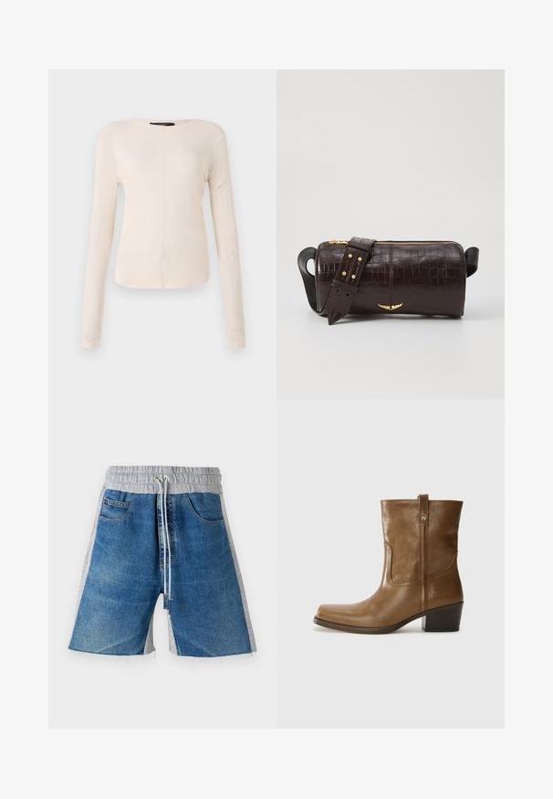Langærmet, lys beige top med rund halsudskæring. Lavet af blødt stof, har en central søm og let buet kant. Der er ingen synlige metaldele.; Denim shorts med en grå elastisk talje, der har en snor. Designet inkluderer sidelommer og en farveblokeret udseende.; Brun læder ankelstøvle med firkantet tå, tekstureret overflade og en lav stablet hæl. Har en bageste hælflap og subtile syningsdetaljer.; Brun krokodilleder taske med cylindrisk form, hardware i guld-tone, og en aftagelig rem med nitter.
