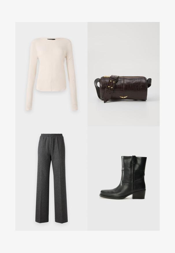 Långärmad, ljusbeige topp med rund halsringning. Tillverkad i mjukt material, har en central söm och något rundad nederkant. Inga synliga detaljer.; Grå strukturerade vida byxor med elastisk midja, som har ett subtilt fiskbensmönster. Mjukt tyg med en avslappnad passform.; Svart läderankelboot med rund tå, blockklack, sidodragkedja och sömmar på ovandelen. Slät textur, klassisk design.; Brun kroko präglat läderväska med cylindrisk form, guldfärgad hårdvara och ett avtagbart band med nitar.