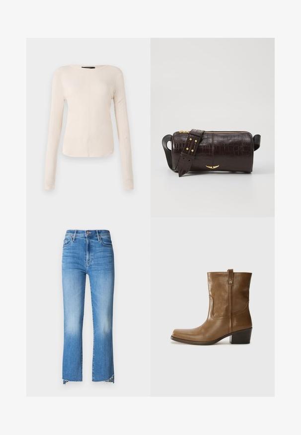 Długi rękaw, jasnobeżowa bluzka z okrągłym dekoltem. Wykonana z miękkiego materiału, posiada centralny szew oraz lekko zaokrąglony dół. Brak widocznych elementów metalowych.; Mother - Jeansy Bootcut; Brązowy skórzany botek za kostkę z kwadratowym noskiem, teksturowanym wykończeniem i niskim, zakrytym obcasem. Posiada tylną pętelkę do zakładania oraz subtelne detale przeszycia.; Brązowa torba ze skóry z tłoczeniem krokodyla w kształcie cylindrycznym, z metalowymi elementami w kolorze złotym oraz odczepianym paskiem z ćwiekami.