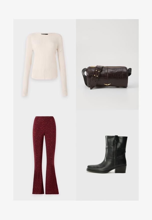 Hosszú ujjú, világos bézs blúz kerek nyakkivágással. Puha anyagból készült, középső varrással és enyhén ívelt szegéllyel rendelkezik. Nincs rajta látható fémrész.; Piros, bő szabású nadrág, bársonyos leopárdmintával, sima textúrával és kényelmes, rugalmas derékkal.; Fekete bőr bokacsizma lekerekített orral, blokk sarkúval, oldalsó cipzárral és varrásos díszítéssel az elején. Simább textúra, klasszikus dizájn.; Barna krokodilbőr hatású bőr táska henger alakú, arany tónusú fémveretekkel és lecsatolható, szegecsekkel díszített pánttal.