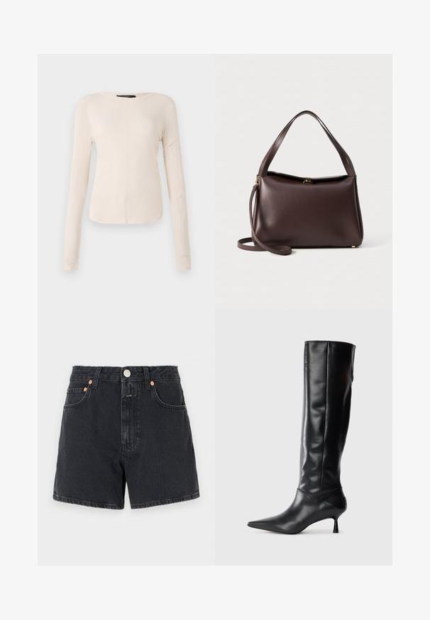 Hosszú ujjú, világos bézs blúz kerek nyakkivágással. Puha anyagból készült, középső varrással és enyhén ívelt szegéllyel rendelkezik. Nincs rajta látható fémrész.; CLOSED JANEY - Farmer rövidnadrágok - dark grey; Fekete bőr, térd fölé érő csizma hegyes orral és karcsú, ívelt sarokkal. Sima tapintás, testhez simuló kialakítás, és látható fémalkatrészek vagy minták nélkül.; Barna bőr kézitáska, amelynek strukturált formája van, egyetlen felső fogantyúval és levehető vállpánttal. Aranyszínű fém részletezés.