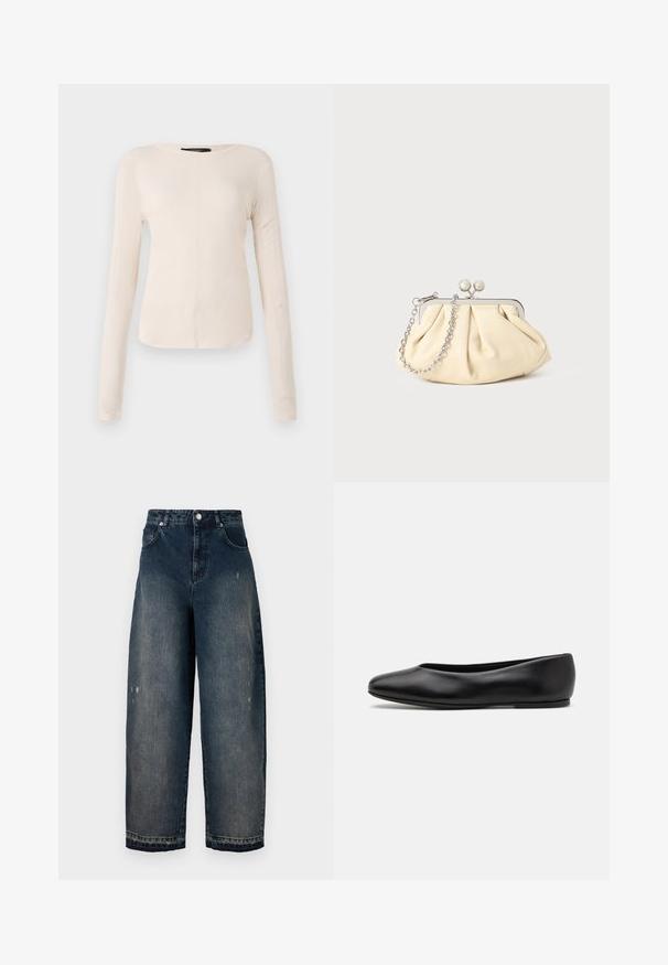 Long-sleeve, light beige top with a round neckline. Made of soft fabric, features a central seam and slightly curved hem. No visible hardware.; Dark denim wide-leg jeans with a high waist, five pockets, visible stitching, and slight distressing on the front. Classic button and zip closure.; Paul Smith TOPANGA - Ballet pumps - black; Pleated beige leather clutch with a silver metal frame, featuring two round decorative clasps and a silver chain strap.
