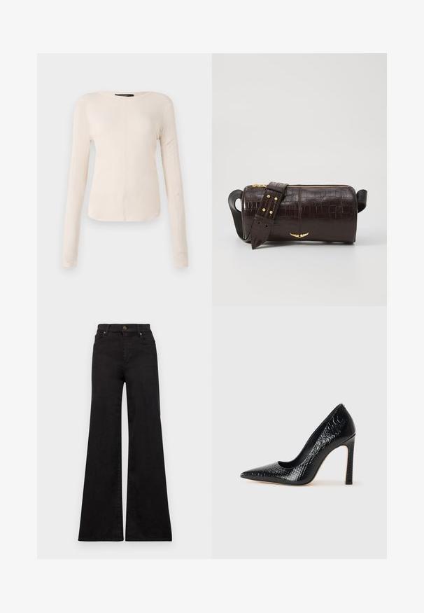 Hosszú ujjú, világos bézs blúz kerek nyakkivágással. Puha anyagból készült, középső varrással és enyhén ívelt szegéllyel rendelkezik. Nincs rajta látható fémrész.; Fekete, bővülő fazonú farmernadrág magas derekú, elülső zsebekkel és fém díszítéssel a gombon és a szegecseken.; Fekete hegyes orrú magassarkú cipő krokodilbőr textúrával, letisztult dizájnnal, magas tűsarkú és sima fekete belső résszel.; Barna krokodilbőr hatású bőr táska henger alakú, arany tónusú fémveretekkel és lecsatolható, szegecsekkel díszített pánttal.