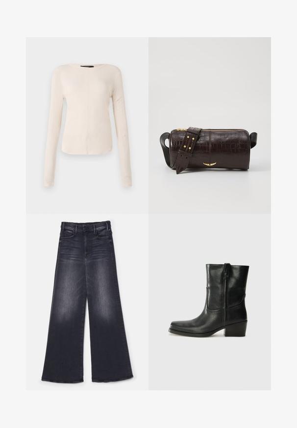Maglietta a maniche lunghe di colore beige chiaro con scollatura rotonda. Realizzata in tessuto morbido, presenta una cucitura centrale e un orlo leggermente curvato. Senza hardware visibile.; Mother THE HUSTLER ROLLER SNEAK - Wide Leg - not today satan; Stivale ankle in pelle nera con punta arrotondata, tacco a blocco, cerniera laterale e dettagli in cucitura sulla tomaia. Texture liscia, design classico.; Borsa in pelle stampata a coccodrillo marrone con forma cilindrica, accessori in tonalità oro e una tracolla staccabile con borchie.