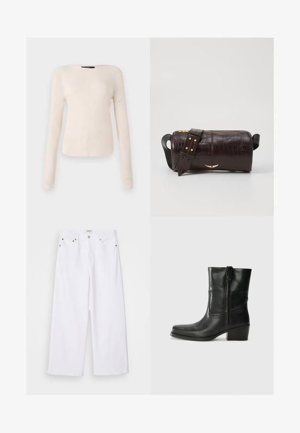 Langærmet, lys beige top med rund halsudskæring. Lavet af blødt stof, har en central søm og let buet kant. Der er ingen synlige metaldele.; Hvide brede jeans lavet af denim, med fem-lommer design, metal hardware og høj talje, samt en ren finish ved kanten.; Sort læder ankelstøvle med rundt tå, blokhæl, lynlås i siden og stikninger på vampsiden. Glat tekstur, klassisk design.; Brun krokodilleder taske med cylindrisk form, hardware i guld-tone, og en aftagelig rem med nitter.