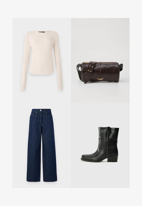 Ilgi piedurkņu, gaiši bēšas krāsas blūze ar apaļu dekoltē. Izgatavota no mīksta auduma, ar centrālo šuvi un nedaudz izliekta apakšmala. Nav redzamu papildus elementu.; Augsta jostasvieta, tumši zili platā kāju džinsi ar pogu aizdari, priekšējām kabatām un jostas cilpām uz baltā fona.; Melna ādas potīte ar noapaļotu purngalu, bloku papēdi, sānu rāvējslēdzēju un šuvju akcentiem uz virsmas. Gluda tekstūra, klasiskā dizaina.; Brūna krokodila ādas soma ar cilindrisku formu, zelta toni aparatūru un noņemamu siksnu ar studiem.