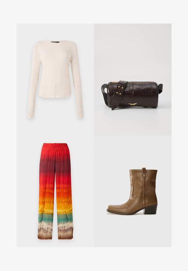 Langärmliges, hellbeiges Oberteil mit rundem Ausschnitt. Aus weichem Stoff gefertigt, verfügt es über eine zentrale Naht und einen leicht geschwungenen Saum. Keine sichtbaren Beschläge.; Weit geschnittene Hose mit einem Farbübergang in Rot, Orange, Gelb und Grün. Hergestellt aus einem glatten, leichten Stoff mit einem elastischen Bund.; Braune Leder-Ankle-Boots mit quadratischer Zehenform, strukturiertem Finish und niedrigem, gestapeltem Absatz. Ausgestattet mit einer Zuglasche auf der Rückseite und dezenten Stickdetails.; Braune, krokodilgeprägte Lederhandtasche mit zylindrischer Form, goldfarbener Hardware und einem abnehmbaren Tragegurt mit Nieten.