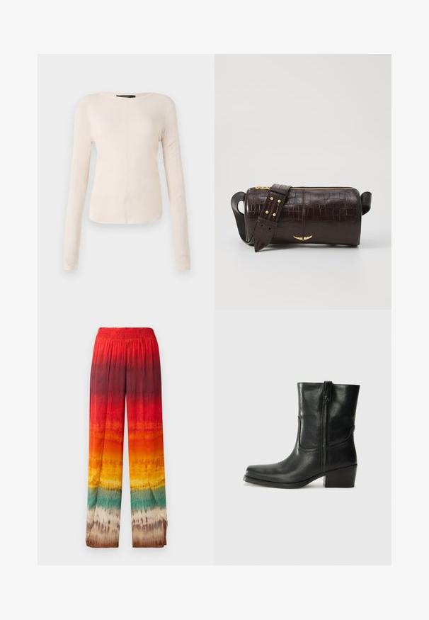 Long-sleeve, light beige top with a round neckline. Made of soft fabric, features a central seam and slightly curved hem. No visible hardware.; Wide-leg pants featuring a gradient design in red, orange, yellow, and green. Made of a smooth, lightweight fabric with an elastic waistband.; Black leather ankle boot with a rounded toe, block heel, side zipper, and stitching accents on the vamp. Smooth texture, classic design.; Brown crocodile-embossed leather bag with a cylindrical shape, gold-tone hardware, and a detachable strap featuring studs.