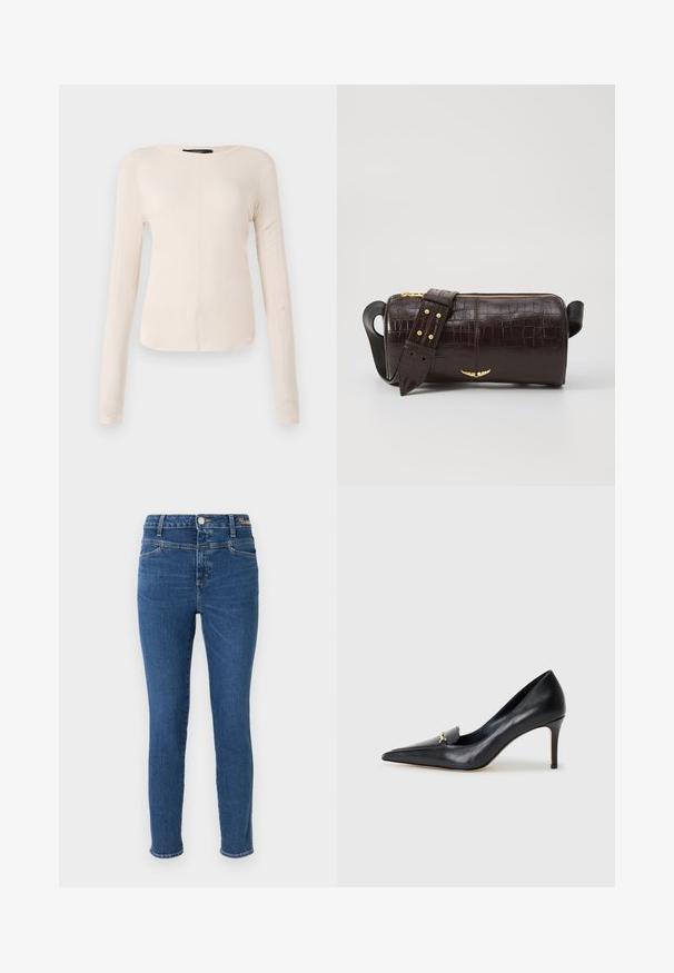 Top de manga larga, color beige claro, con cuello redondo. Fabricado en un tejido suave, presenta una costura central y un dobladillo ligeramente curvado. Sin herrajes visibles.; Jeans ajustados en denim azul oscuro, con cinco bolsillos, cierre de botón y costuras en contraste. Textura suave con un desvanecimiento mínimo.; Zapato de piel negra con punta afilada, escote bajo y un detalle decorativo dorado. Cuenta con un tacón de aguja y textura suave.; Bolso de cuero marrón con estampado de cocodrilo, de forma cilíndrica, con herrajes en tono dorado y una correa desmontable con tachuelas.