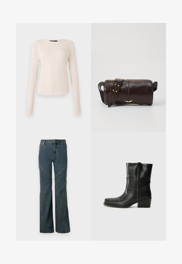 Langærmet, lys beige top med rund halsudskæring. Lavet af blødt stof, har en central søm og let buet kant. Der er ingen synlige metaldele.; Blå denim jeans med en vid ben-design, der har buede sømdetaljer og standard fem-lomme stil. Uferdig kant nederst.; Sort læder ankelstøvle med rundt tå, blokhæl, lynlås i siden og stikninger på vampsiden. Glat tekstur, klassisk design.; Brun krokodilleder taske med cylindrisk form, hardware i guld-tone, og en aftagelig rem med nitter.