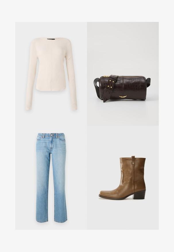 Dolga majica v svetlo bež barvi s okroglim izrezom. Narejena iz mehkega materiala, ima osrednji šiv in rahlo ukrivljen rob. Ni vidnih elementov.; RE/DONE THE SANASA - Široke kavbojke - media noche; Rjave usnjene gležnjarje s kvadratnim nosom, teksturirano površino in nizko kvadratno peto. Imajo zadnji trak za enostavno obuvanje in subtilne šivane detajle.; Brah blaženka iz rjavega usnja z embosiranim krokodilom, cilindrične oblike, zlatih kovinskih elementov in odstranljivim pasom, ki vsebuje žebljičke.