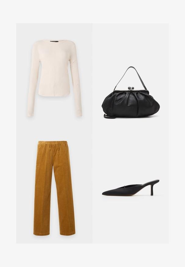 Langsleeve, lichtbeige top met een ronde halslijn. Gemaakt van zachte stof, heeft een centrale naad en een iets gebogen rand. Geen zichtbare hardware.; Elastische taille rechte pijpen corduroy broek in mosterdbruin met verticale ribbelstructuur, weergegeven tegen een eenvoudige witte achtergrond.; Zwarte muiltje met spitse neus en een strak ontwerp, gemaakt van gladde stof, met een slanke hak en open achterkant voor gemakkelijk aan- en uittrekken.; Zwarte leren handtas met een afgerond, geplooid ontwerp. Voorzien van een metalen sluiting met twee decoratieve bollen en een smalle, afneembare schouderband.
