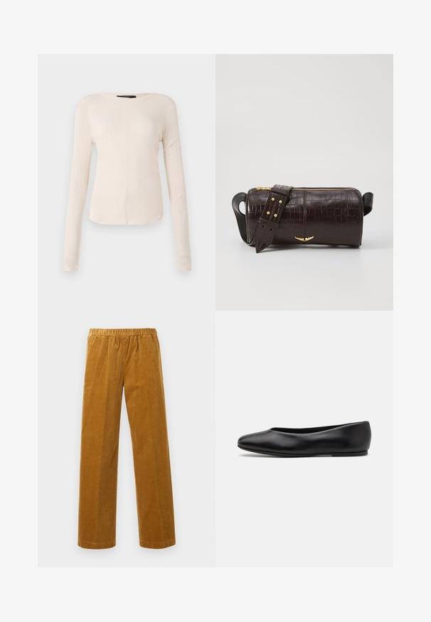 Long-sleeve, light beige top with a round neckline. Made of soft fabric, features a central seam and slightly curved hem. No visible hardware.; Elastic waist straight-leg corduroy pants in mustard brown with vertical ribbed texture, displayed against a plain white background.; Paul Smith TOPANGA - Ballet pumps - black; Brown crocodile-embossed leather bag with a cylindrical shape, gold-tone hardware, and a detachable strap featuring studs.