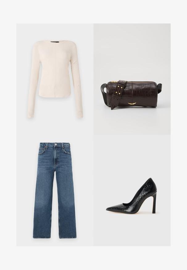 Dlouhý rukáv, světle béžový top s kulatým výstřihem. Vyrobeno z jemné látky, má středový šev a mírně zaoblený lem. Bez viditelné kovové úpravy.; Dámské riflové kalhoty s vysokým pasem a širokými nohavicemi ve středně modré barvě, s klasickým zapínáním na knoflík, pěti kapsami a hladkým texturovaným povrchem.; Černý lodičkový bot s špičatou špičkou, pokrytý texturou krokodýlí kůže, s elegantním designem, vysokým stiletto podpatkem a hladkým černým interiérem.; Hnědá kabelka z krokodýlí kůže s embosováním, cylindrického tvaru, se zlacenými kovovými prvky a odnímatelným popruhem se hroty.