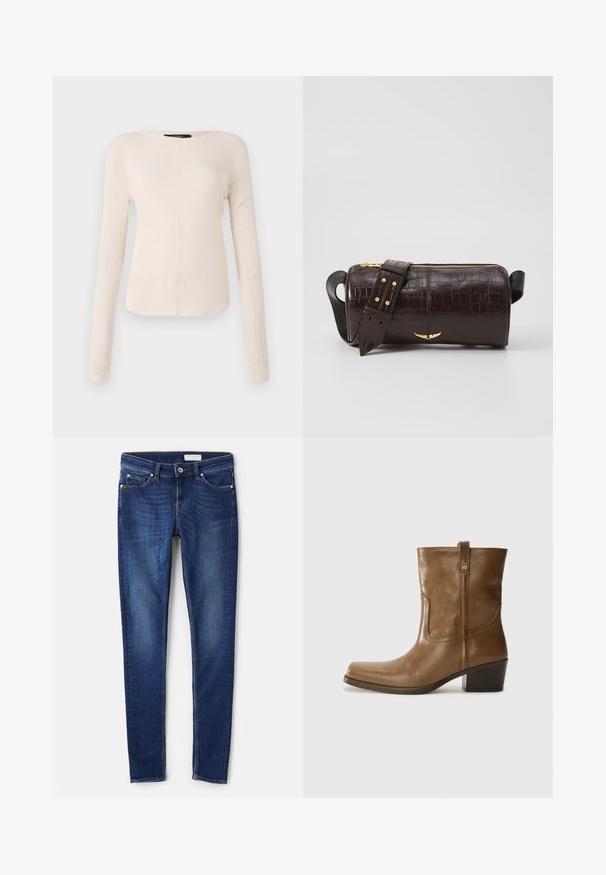 Top de manga larga, color beige claro, con cuello redondo. Fabricado en un tejido suave, presenta una costura central y un dobladillo ligeramente curvado. Sin herrajes visibles.; Jeans de mezclilla azul oscuro con un ajuste slim, cinco bolsillos y detalles de costura sutiles. Textura suave con un diseño clásico de pierna recta.; Botín de cuero marrón hasta el tobillo, con punta cuadrada, acabado texturizado y un tacón bajo apilado. Presenta una pestaña trasera y detalles de costura sutiles.; Bolso de cuero marrón con estampado de cocodrilo, de forma cilíndrica, con herrajes en tono dorado y una correa desmontable con tachuelas.