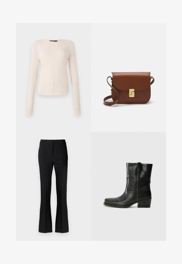 Top cu mânecă lungă, de culoare bej deschis, cu decolteu rotund. Realizat dintr-un material moale, prezintă o cusătură centrală și un tiv ușor curbat. Fără elemente de prindere vizibile.; Pantaloni evazați negri, confecționați dintr-un material neted, cu o talie ajustată și pliuri frontale, concepuți pentru o siluetă ajustată.; Botine din piele neagră, cu vârf rotund, toc pătrat, fermoar pe lateral și accente de cusături pe partea superioară. Textură netedă, design clasic.; Geantă de piele maro cu închidere tip capac, accesorii de culoare aurie, curea de umăr și o textură netedă. Formă compactă și rectangulară.
