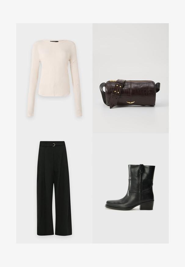 Dugih rukava, svijetlo bež majica s okruglim izrezom. Izrađena od mekanog materijala, ima središnji šav i blago zakrivljen rub. Nema vidljivih metalnih dijelova.; Crne hlače širokih nogavica izrađene od glatke tkanine, s remenom sa srebrnom kopčom, plisiranim detaljima sprijeda i ravnim rubom.; Crne kožne čizme do članaka s okruglim vrhom, blok potpeticom, bočnim patentnim zatvaračem i detaljima od šavova na gornjem dijelu. Glatka tekstura, klasičan dizajn.; Smeđa torba od kože s embosiranim krokodilskim uzorkom, cilindričnog oblika, zlatne hardverske detalje i odvojivu naramenicu sa čavlima.