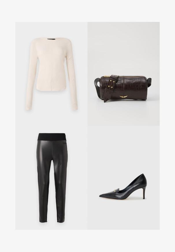 Ilgesnių rankovių, šviesiai bežinis viršus su apvaliu iškirpimu. Pagamintas iš minkštos medžiagos, turi centrinę siūlę ir šiek tiek kreivą apatinių kraštų liniją. Matomų detalių nėra.; Juodos dirbtinės odos kelnės su elegantišku dizainu, turinčios plačią elastinę juosmens juostą ir užtrauktukus ant apatinės dalies, leidžiančius reguliuoti prigludimą.; Juodas odinis aukštakulnis batelis su smailiu pirštu, žemu iškirpimu ir dekoratyviu auksiniu akcentu. Yra stiletto kulnas ir glotnus paviršius.; Ruda krokodilo odspaudo odinė rankinė cilindro formos, su auksinėmis detalėmis ir nuimamu dirželiu, papuoštu studelėmis.