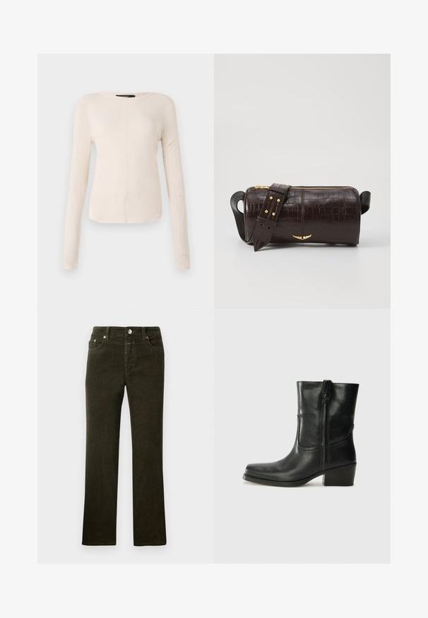 Pitkähihainen, vaaleanbeige paita, jossa on pyöreä kaula-aukko. Valmistettu pehmeästä kankaasta, jossa on keskeinen sauma ja hieman kaareva helma. Ei näkyvää metalliosaa.; Suorat lahkeet, tumman oliivinvihreät samettihousut, joissa on viisi taskua, metallinappi ja vetoketju. Pehmeä rakenne, jossa näkyy samettikuvio.; Musta nahkasaapas nilkkamittaisella varrella, pyöreällä kärjellä, lohkarekorolla, sivuvetoketjulla ja ompeluaksentilla varren yläosassa. Suora pinta, klassinen muotoilu.; Ruskea krokotiilinkuosilla varustettu nahkalaukku, jossa on sylinterimäinen muoto, kultasävyiset yksityiskohdat ja irrotettava hihna, jossa on niittejä.