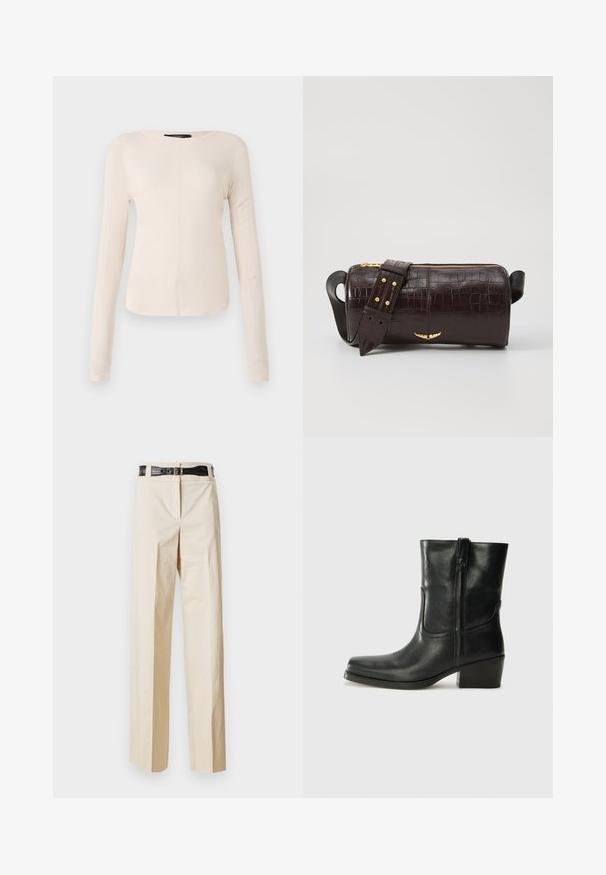 Hosszú ujjú, világos bézs blúz kerek nyakkivágással. Puha anyagból készült, középső varrással és enyhén ívelt szegéllyel rendelkezik. Nincs rajta látható fémrész.; Világos bézs színű, bő szárú nadrág sima textúrával, fekete krokodilmintás övvel a deréknál. Egyszerű dizájn, további díszítések nélkül.; Fekete bőr bokacsizma lekerekített orral, blokk sarkúval, oldalsó cipzárral és varrásos díszítéssel az elején. Simább textúra, klasszikus dizájn.; Barna krokodilbőr hatású bőr táska henger alakú, arany tónusú fémveretekkel és lecsatolható, szegecsekkel díszített pánttal.