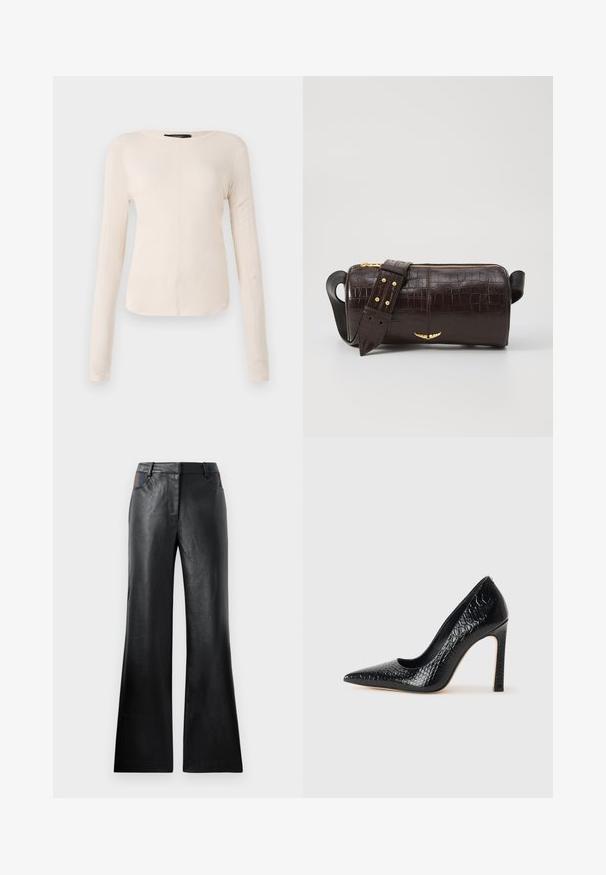 Langsleeve, lichtbeige top met een ronde halslijn. Gemaakt van zachte stof, heeft een centrale naad en een iets gebogen rand. Geen zichtbare hardware.; Zwarte leren uitlopende broek met een gladde textuur, voorzien van twee voorzakken met zwarte en bruine accenten bij de taille.; Zwarte puntige hoge hak schoen met een krokodillenleren textuur, met een slank ontwerp, hoge stiletto-hak, en een gladde zwarte binnenkant.; Bruine krokodil-embosserende leren tas met een cilindervorm, gouden hardware en een afneembare schouderband met studs.