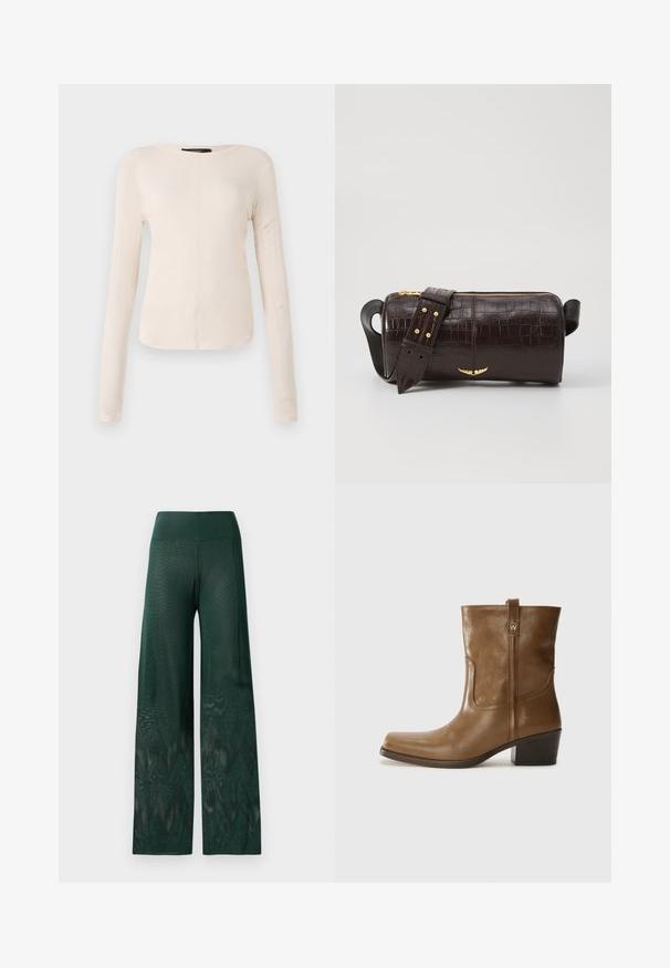 Long-sleeve, light beige top with a round neckline. Made of soft fabric, features a central seam and slightly curved hem. No visible hardware.; Green wide-leg pants in lightweight mesh with a zigzag pattern at the hem. Features a smooth waistband for comfort.; Brown leather ankle boot with a square toe, textured finish, and a low stacked heel. Features a rear pull tab and subtle stitching details.; Brown crocodile-embossed leather bag with a cylindrical shape, gold-tone hardware, and a detachable strap featuring studs.