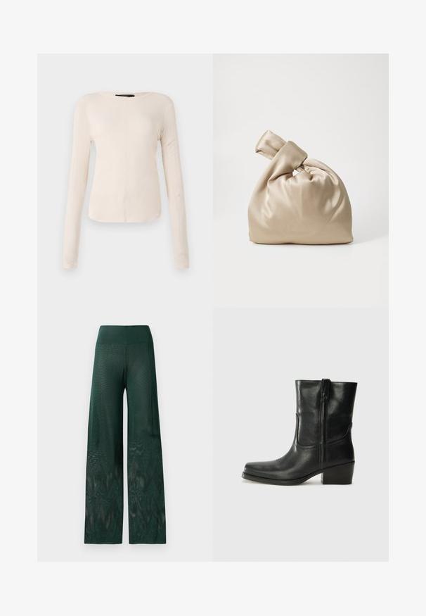 Długi rękaw, jasnobeżowa bluzka z okrągłym dekoltem. Wykonana z miękkiego materiału, posiada centralny szew oraz lekko zaokrąglony dół. Brak widocznych elementów metalowych.; Zielone szerokie spodnie w lekkiej siateczce z zygzakowatym wzorem na dole. Posiadają gładki pas w talii dla zapewnienia komfortu.; Czarne skórzane botki za kostkę z okrągłym noskiem, słupkowym obcasem, bocznym zamkiem i przeszyciami na cholewce. Gładka tekstura, klasyczny design.; Beżowa satynowa torba z węzłowym topem, o miękkiej i gładkiej fakturze oraz zaokrąglonym kształcie, zaprojektowana tak, aby była prosta i elegancka.