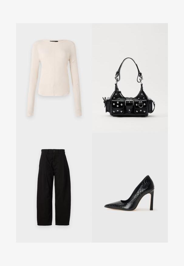 Haut à manches longues, beige clair avec un col rond. Fait dans un tissu doux, il présente une couture centrale et un ourlet légèrement courbé. Pas de métal visible.; Pantalons larges noirs en coton avec une fermeture à bouton et à zip, dotés de plis avant et de poches latérales.; Escarpin noir à bout pointu avec texture en cuir de crocodile, présentant un design élégant, un haut talon aiguille et un intérieur noir lisse.; Sac à main en cuir noir au design courbé, avec des clous en argent, une boucle et deux poches latérales. Bandoulière réglable pour différentes options de transport.
