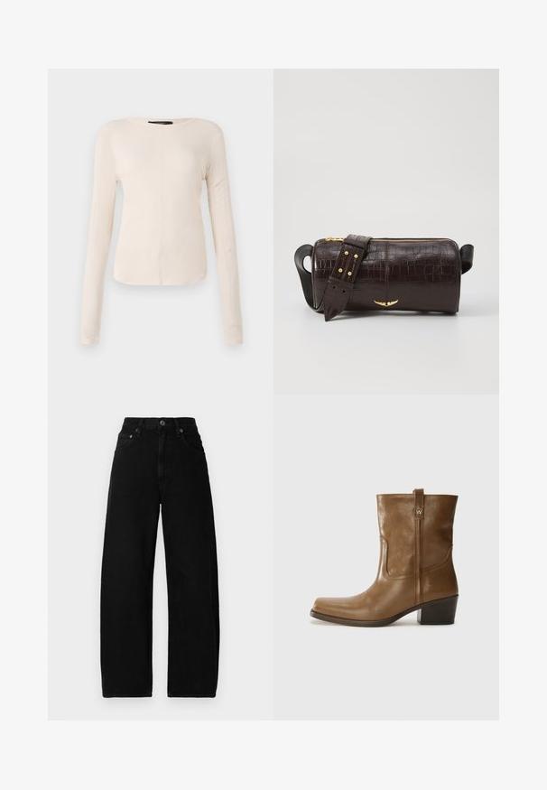 Pikkade varrukatega helesinine topp ümmarguse kaelusega. Valmistatud pehmest kangast, sisaldab keskset õmblust ja kergelt kaardus serva. Ei ole nähtavat riistvara.; Mustad denim laiade säärega teksad kõrge vöökohaga, millel on esine nööpkinnitus, taskud ja sile, mati tekstuur.; Pruun nahkne ankle boot ruudukujulise varbaga, tekstuuriga viimistluse ja madala virnastatud kontsaga. Sisaldab taga tõmbeaasat ja peeneid õmbluse detaile.; Pruunist krokodillimustrist nahast kott, millel on silindri kuju, kuldse tooni metalldetailid ja eemaldatav rihm, kus on nupud.