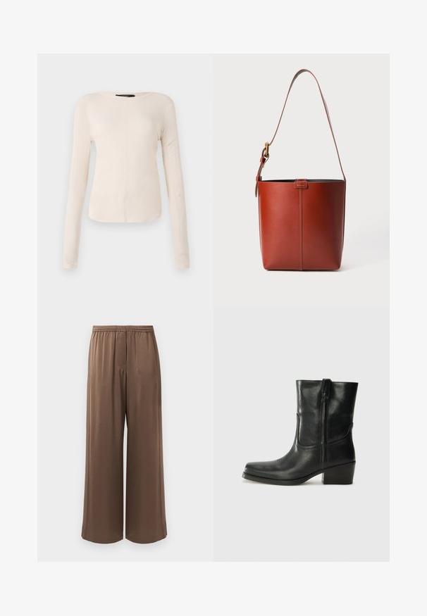 Long-sleeve, light beige top with a round neckline. Made of soft fabric, features a central seam and slightly curved hem. No visible hardware.; Brown wide-leg pants with elastic waistband and smooth fabric, displayed against a plain white background.; Black leather ankle boot with a rounded toe, block heel, side zipper, and stitching accents on the vamp. Smooth texture, classic design.; Brown leather bucket bag with adjustable shoulder strap and gold-tone buckle, simple vertical seam detail on front.