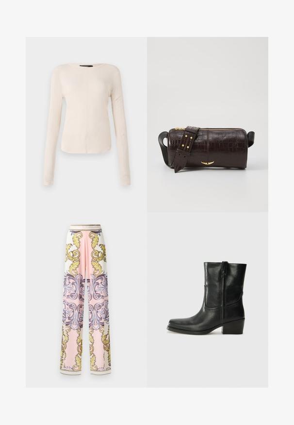 Langsleeve, lichtbeige top met een ronde halslijn. Gemaakt van zachte stof, heeft een centrale naad en een iets gebogen rand. Geen zichtbare hardware.; Wijd gevallen broek van lichtgewicht stof met een roze en witte kleurenschema, versierd met sierlijke gele en blauwe barokpatronen en gouden accenten.; Zwarte leren enkellaars met een ronde neus, blokhak, zijrits en stikselaccenten op de wreef. Gladde textuur, klassiek ontwerp.; Bruine krokodil-embosserende leren tas met een cilindervorm, gouden hardware en een afneembare schouderband met studs.