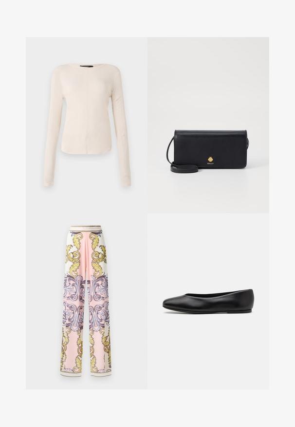 Langärmliges, hellbeiges Oberteil mit rundem Ausschnitt. Aus weichem Stoff gefertigt, verfügt es über eine zentrale Naht und einen leicht geschwungenen Saum. Keine sichtbaren Beschläge.; Weite Hosen aus leichtem Stoff in einem rosa-weißen Farbschema, verziert mit verschnörkelten gelben und blauen Barockmustern sowie goldenen Akzenten.; Paul Smith TOPANGA - Klassischer Ballerina - black; Schwarze Lederbrieftasche in schlanker rechteckiger Form mit einem goldenen Logo. Enthält einen abnehmbaren Tragegurt für zusätzlichen Tragekomfort.