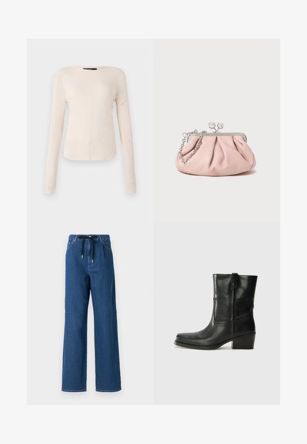 Long-sleeve, light beige top with a round neckline. Made of soft fabric, features a central seam and slightly curved hem. No visible hardware.; Wide-leg dark blue denim pants featuring a drawstring waistband and front pockets. The fabric has a smooth texture with subtle stitching details.; Black leather ankle boot with a rounded toe, block heel, side zipper, and stitching accents on the vamp. Smooth texture, classic design.; Pink leather clutch bag with a gathered design, metal frame, two round clasps, and a silver chain strap. Smooth texture, compact shape.