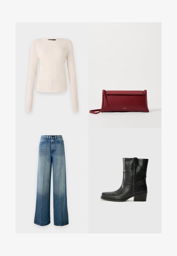 Langsleeve, lichtbeige top met een ronde halslijn. Gemaakt van zachte stof, heeft een centrale naad en een iets gebogen rand. Geen zichtbare hardware.; Lichtblauwe, wijde jeans gemaakt van denim. Heeft een hoge taille, een klassieke vijf-pocket ontwerp, en een vervaagde gradient van donker naar licht.; Zwarte leren enkellaars met een ronde neus, blokhak, zijrits en stikselaccenten op de wreef. Gladde textuur, klassiek ontwerp.; Rode leren clutch met een gestructureerde afwerking, met een vlakke omvouwtop en een korte strap. Subtiele merklogo op de voorkant.