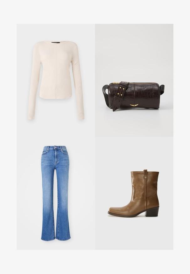 Dolga majica v svetlo bež barvi s okroglim izrezom. Narejena iz mehkega materiala, ima osrednji šiv in rahlo ukrivljen rob. Ni vidnih elementov.; Hlače z visokim pasom in širokimi hlačnicami, izdelane iz svetlo modrega denima. Vključujejo pet žepov, zadrgo in strgane robove. Teksturo tkanine z zbledelostjo.; Rjave usnjene gležnjarje s kvadratnim nosom, teksturirano površino in nizko kvadratno peto. Imajo zadnji trak za enostavno obuvanje in subtilne šivane detajle.; Brah blaženka iz rjavega usnja z embosiranim krokodilom, cilindrične oblike, zlatih kovinskih elementov in odstranljivim pasom, ki vsebuje žebljičke.