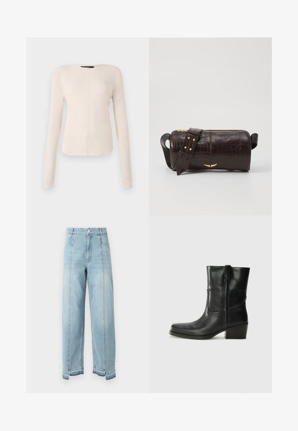 Camisola de mangas longas, bege claro, com decote redondo. Feita de um tecido macio, apresenta uma costura central e uma bainha ligeiramente curva. Sem ferragens visíveis.; Calças de ganga azul claro com pernas largas, cintura alta e bainha desfiada. Apresenta dois bolsos frontais e costura visível ao longo das costuras.; Bota de tornozelo em couro preto com bico arredondado, salto bloco, fecho lateral e detalhes em costura na parte frontal. Textura suave, design clássico.; Bolsa de couro com textura de crocodilo na cor marrom, com forma cilíndrica, metalizações em tom dourado e uma alça destacável com tachas.