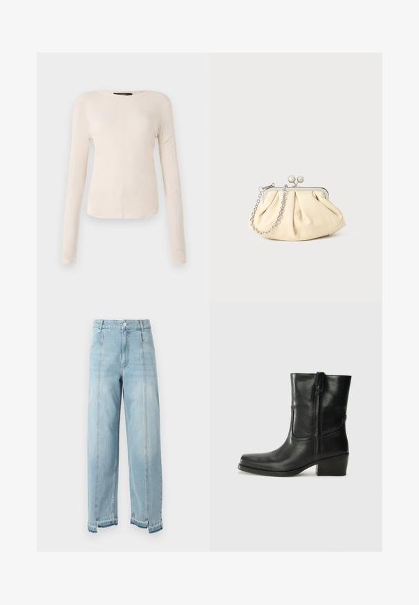 Dugih rukava, svijetlo bež majica s okruglim izrezom. Izrađena od mekanog materijala, ima središnji šav i blago zakrivljen rub. Nema vidljivih metalnih dijelova.; Svijetloplave traperice s širokim nogavicama, visokim strukom i ispucanim rubom. Imaju dva prednja džepa i vidljivo šivanje duž šavova.; Crne kožne čizme do članaka s okruglim vrhom, blok potpeticom, bočnim patentnim zatvaračem i detaljima od šavova na gornjem dijelu. Glatka tekstura, klasičan dizajn.; Nabrana bež kožna torbica s srebrnim metalnim okvirom, koja sadrži dva okrugla dekorativna kopčanja i srebrnu lančanu naramenicu.