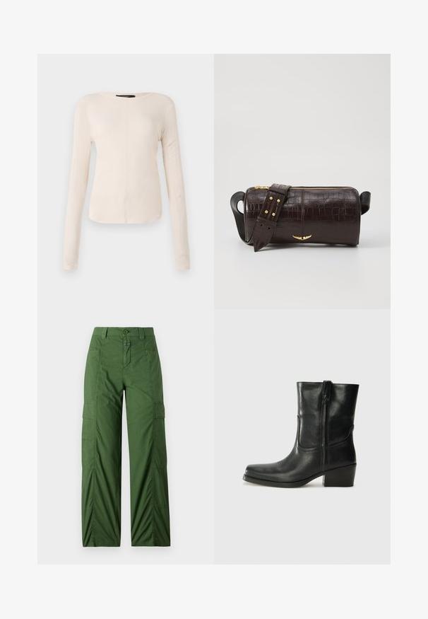 Long-sleeve, light beige top with a round neckline. Made of soft fabric, features a central seam and slightly curved hem. No visible hardware.; Green cargo pants made of lightweight fabric, featuring a relaxed fit, side pockets, and a button closure at the waist.; Black leather ankle boot with a rounded toe, block heel, side zipper, and stitching accents on the vamp. Smooth texture, classic design.; Brown crocodile-embossed leather bag with a cylindrical shape, gold-tone hardware, and a detachable strap featuring studs.