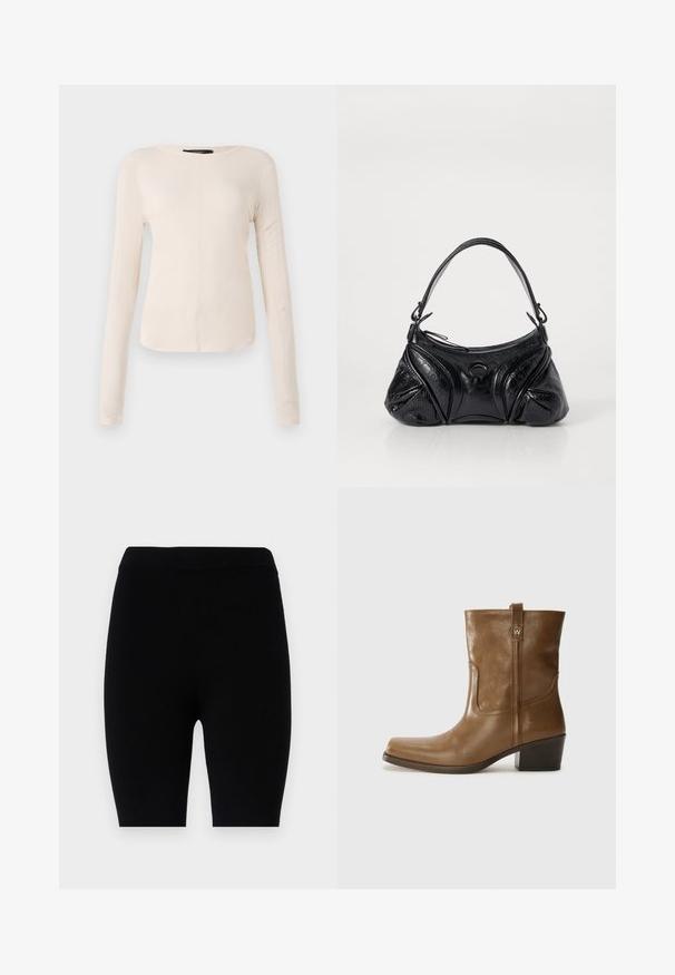 Ilgi piedurkņu, gaiši bēšas krāsas blūze ar apaļu dekoltē. Izgatavota no mīksta auduma, ar centrālo šuvi un nedaudz izliekta apakšmala. Nav redzamu papildus elementu.; Melnas leggingas, kas izgatavotas no elastīga auduma, ar vienkāršu dizainu, elastīgu jostu un viendabīgu krāsu bez rakstiem vai akcentiem.; Brūnas ādas potītes zābaki ar kvadrātveida degunu, struktūru apdari un zemu sakrautu papēdi. Ir aizmugurējais cilpiņu un smalkas šūšanas detaļas.; Melna soma, kas izgatavota no strukturētas ādas ar noapaļotu formu. Tajā ir plāna plecu siksna un dekoratīvi reljefi raksti.