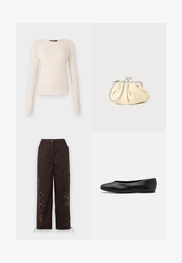 Long-sleeve, light beige top with a round neckline. Made of soft fabric, features a central seam and slightly curved hem. No visible hardware.; Brown wide-leg pants with embroidered star and fish designs. Features an elastic waistband, two side pockets, and adjustable ankle ties.; Paul Smith TOPANGA - Ballet pumps - black; Pleated beige leather clutch with a silver metal frame, featuring two round decorative clasps and a silver chain strap.