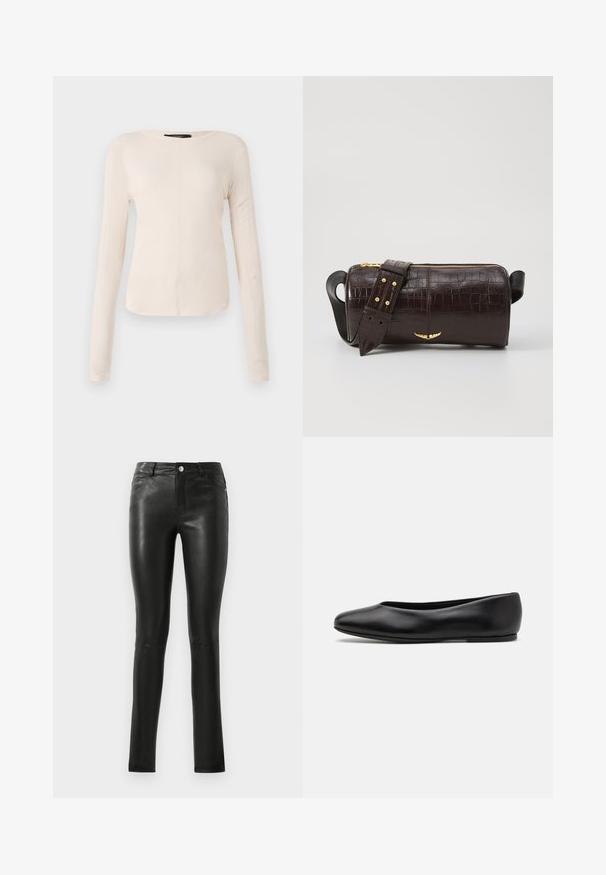 Long-sleeve, light beige top with a round neckline. Made of soft fabric, features a central seam and slightly curved hem. No visible hardware.; Black leather pants with a fitted design, smooth texture, mid-rise waist, and subtle stitching details. Features front pockets and metal button.; Paul Smith TOPANGA - Ballet pumps - black; Brown crocodile-embossed leather bag with a cylindrical shape, gold-tone hardware, and a detachable strap featuring studs.