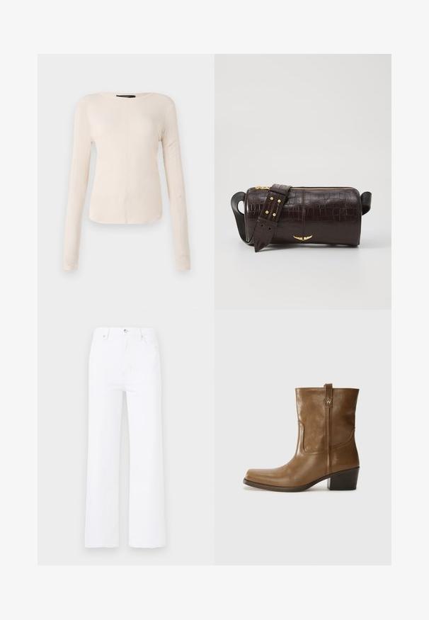 Długi rękaw, jasnobeżowa bluzka z okrągłym dekoltem. Wykonana z miękkiego materiału, posiada centralny szew oraz lekko zaokrąglony dół. Brak widocznych elementów metalowych.; Białe dżinsy z wysokim stanem i szerokimi nogawkami. Posiadają kieszenie z przodu, zapięcie na guzik oraz subtelne detale w szyciu.; Brązowy skórzany botek za kostkę z kwadratowym noskiem, teksturowanym wykończeniem i niskim, zakrytym obcasem. Posiada tylną pętelkę do zakładania oraz subtelne detale przeszycia.; Brązowa torba ze skóry z tłoczeniem krokodyla w kształcie cylindrycznym, z metalowymi elementami w kolorze złotym oraz odczepianym paskiem z ćwiekami.