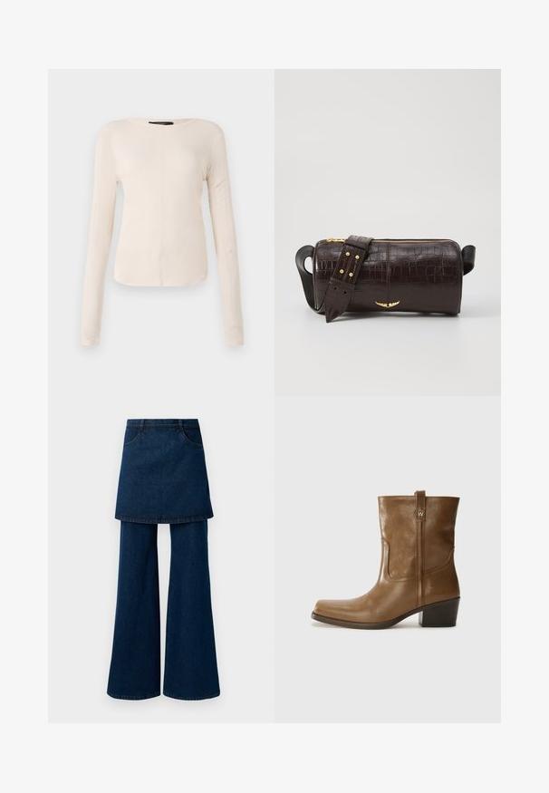 Dolga majica v svetlo bež barvi s okroglim izrezom. Narejena iz mehkega materiala, ima osrednji šiv in rahlo ukrivljen rob. Ni vidnih elementov.; Temno modri kavbojke z večplastnim krilom, ki imajo široke noge in žepe, ter so zaključene s čistim robom in klasičnim šivanjem.; Rjave usnjene gležnjarje s kvadratnim nosom, teksturirano površino in nizko kvadratno peto. Imajo zadnji trak za enostavno obuvanje in subtilne šivane detajle.; Brah blaženka iz rjavega usnja z embosiranim krokodilom, cilindrične oblike, zlatih kovinskih elementov in odstranljivim pasom, ki vsebuje žebljičke.