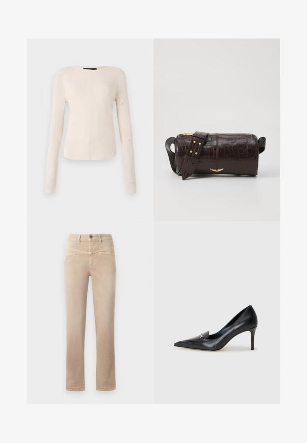 Hosszú ujjú, világos bézs blúz kerek nyakkivágással. Puha anyagból készült, középső varrással és enyhén ívelt szegéllyel rendelkezik. Nincs rajta látható fémrész.; Világos bézs, egyenes szárú farmer, puha anyagból készült, elöl gombos záródással, két elülső zsebével és finom varrási részleteivel.; Fekete bőr magassarkú cipő hegyes orral, alacsony dekoltázzsal és díszes arany részlettel. Stiletto sarokkal és sima felülettel rendelkezik.; Barna krokodilbőr hatású bőr táska henger alakú, arany tónusú fémveretekkel és lecsatolható, szegecsekkel díszített pánttal.