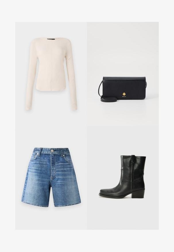 Langærmet, lys beige top med rund halsudskæring. Lavet af blødt stof, har en central søm og let buet kant. Der er ingen synlige metaldele.; Denim shorts i en lys blå vask med høj talje, fem lommer og knaplukning, der har en falmet tekstur og rå kant.; Sort læder ankelstøvle med rundt tå, blokhæl, lynlås i siden og stikninger på vampsiden. Glat tekstur, klassisk design.; Sorte læderpung i en slank rektangulær form, med et guld logo. Inkluderer en aftagelig rem for nem bæring.