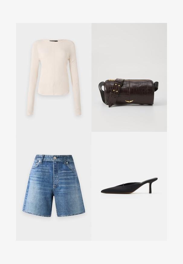 Langsleeve, lichtbeige top met een ronde halslijn. Gemaakt van zachte stof, heeft een centrale naad en een iets gebogen rand. Geen zichtbare hardware.; Denim shorts in een lichtblauwe was met een hoge taille, vijf zakken en een knoopsluiting, met een vervaagd patroon en een ruwe zoom.; Zwarte muiltje met spitse neus en een strak ontwerp, gemaakt van gladde stof, met een slanke hak en open achterkant voor gemakkelijk aan- en uittrekken.; Bruine krokodil-embosserende leren tas met een cilindervorm, gouden hardware en een afneembare schouderband met studs.