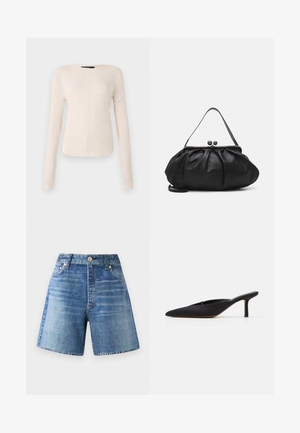 Langsleeve, lichtbeige top met een ronde halslijn. Gemaakt van zachte stof, heeft een centrale naad en een iets gebogen rand. Geen zichtbare hardware.; Denim shorts in een lichtblauwe was met een hoge taille, vijf zakken en een knoopsluiting, met een vervaagd patroon en een ruwe zoom.; Zwarte muiltje met spitse neus en een strak ontwerp, gemaakt van gladde stof, met een slanke hak en open achterkant voor gemakkelijk aan- en uittrekken.; Zwarte leren handtas met een afgerond, geplooid ontwerp. Voorzien van een metalen sluiting met twee decoratieve bollen en een smalle, afneembare schouderband.